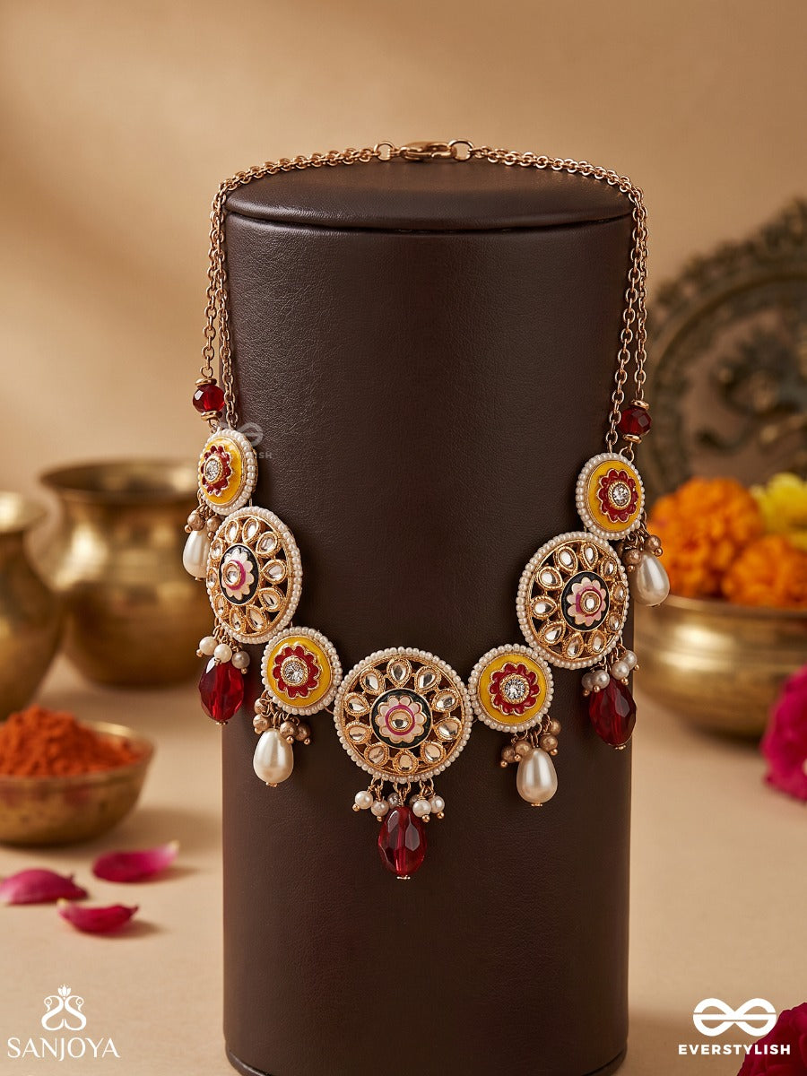 Divyanjani - Divine Offering- Kundan, Pearls, And Red Stones Handmade Necklace