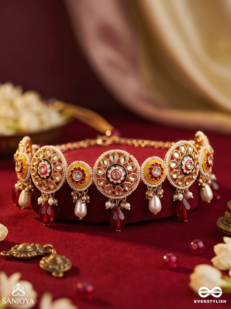 Divyanjani - Divine Offering- Kundan, Pearls, And Red Stones Handmade Necklace