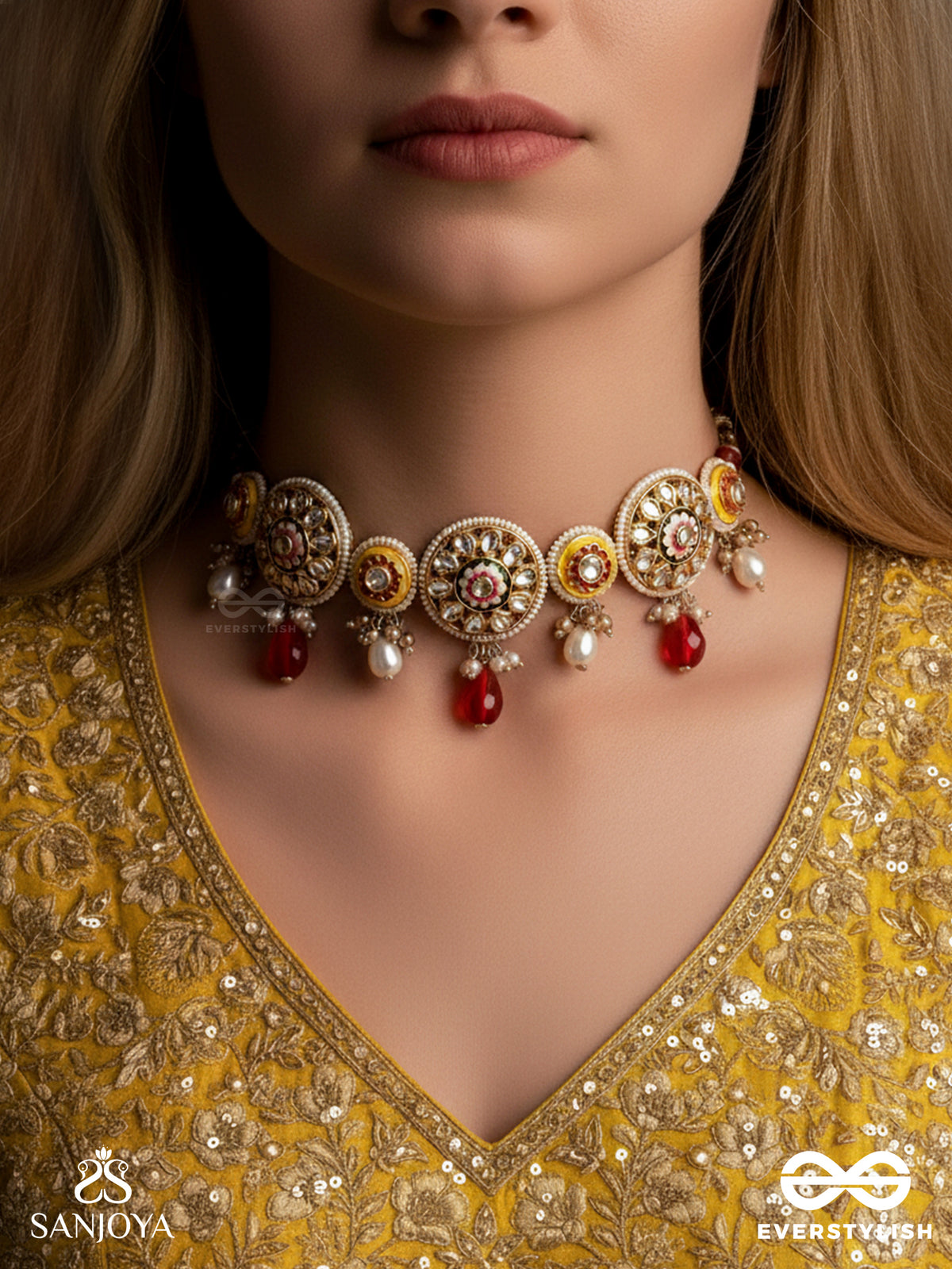 Divyanjani - Divine Offering- Kundan, Pearls, And Red Stones Handmade Necklace