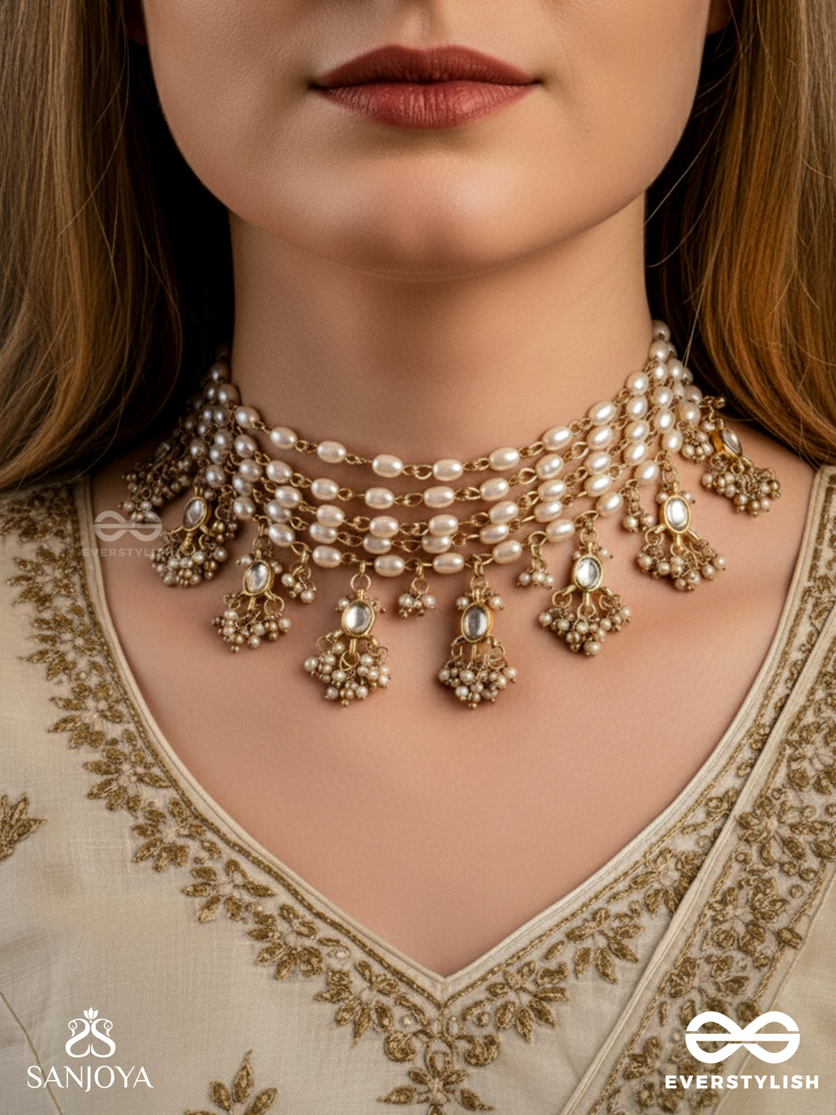 Hiranya - Golden Grace - Classic Pearl Choker With Delicate Gold Accents