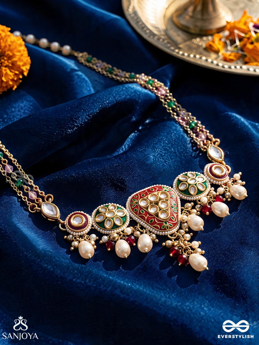 Sundarika - Beautiful One - Intricate Kundan Necklace With Enamel Work And Pearl Drops