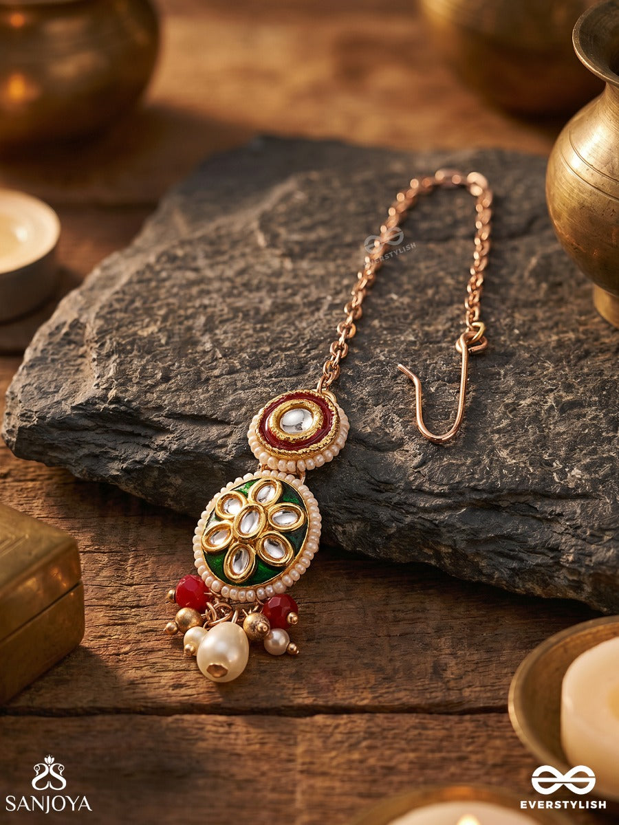 Undarika - Beautiful One - Intricate Kundan Maangtika With Enamel Work And Pearl Drops