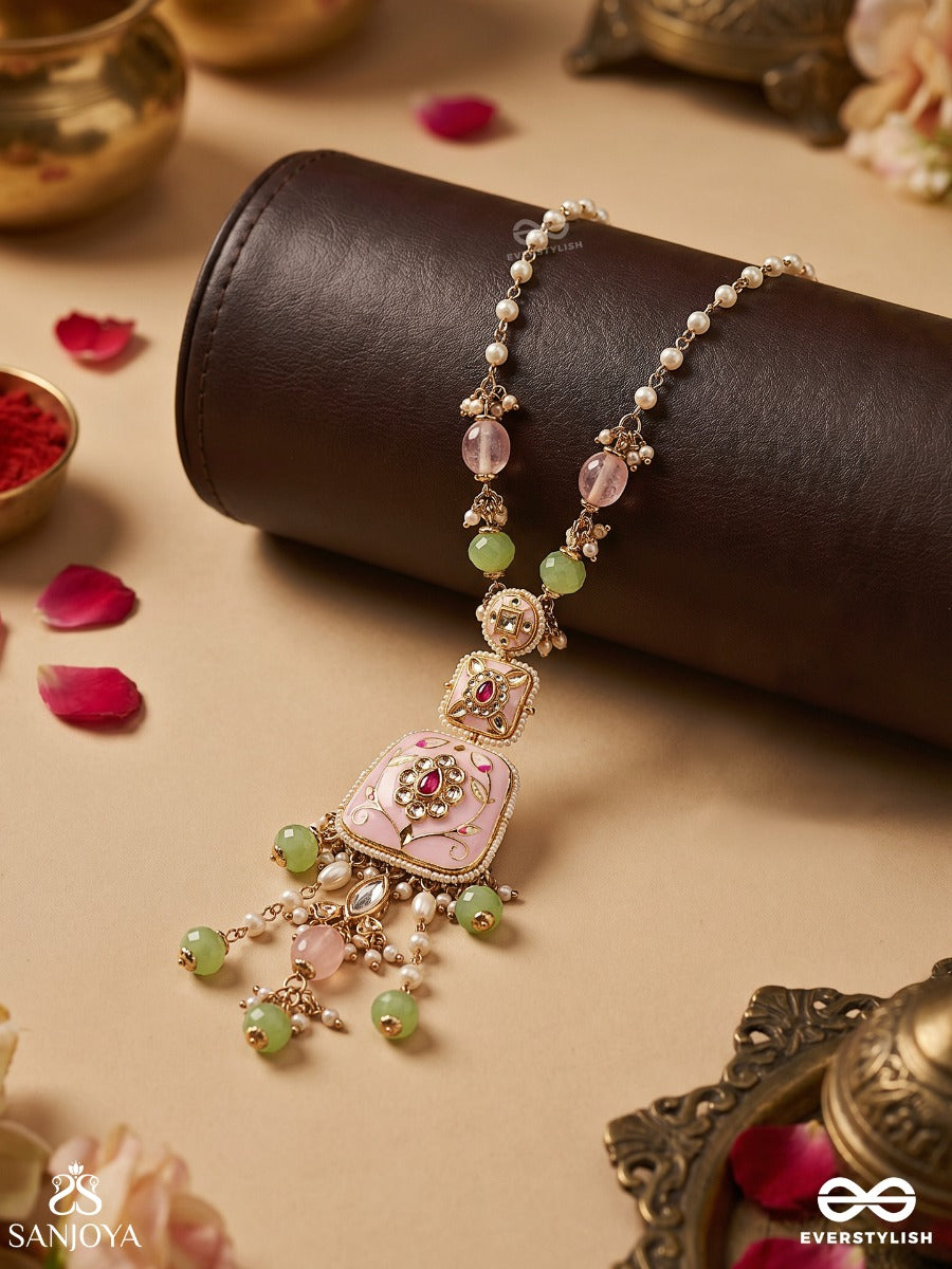 Madhuvrata - Sweet As Spring Bloom - Graceful Pink Enamelled Pendant Necklace With Kundan Green Beads And Pearl Drops