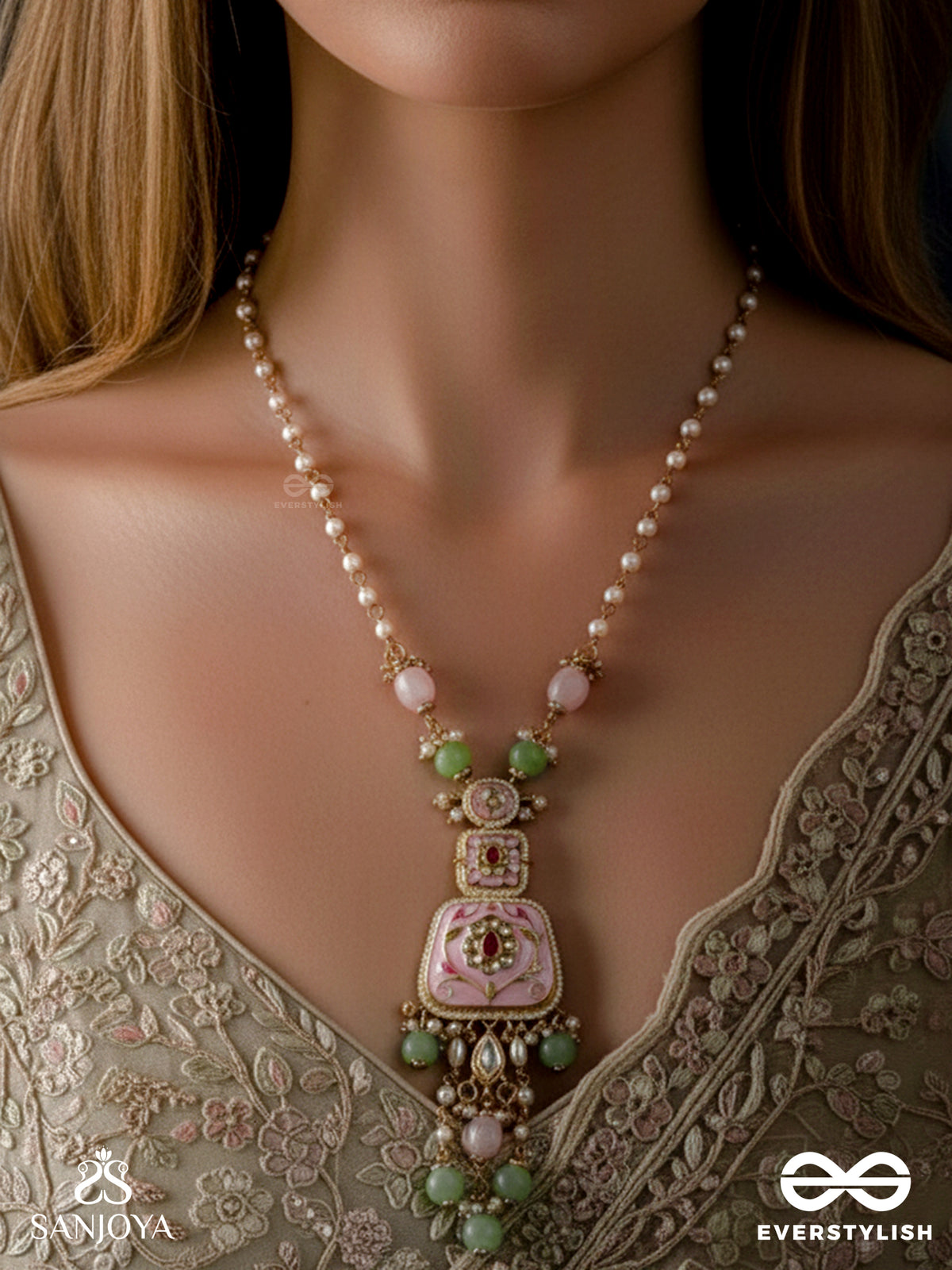 Madhuvrata - Sweet As Spring Bloom - Graceful Pink Enamelled Pendant Necklace With Kundan Green Beads And Pearl Drops