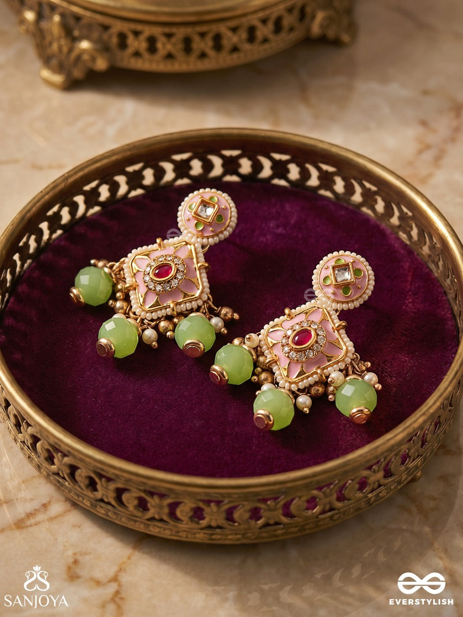 Madhuvrata - Sweet As Spring Bloom - Graceful Pink Enamelled Earrings With Kundan Green Beads And Pearl Drops