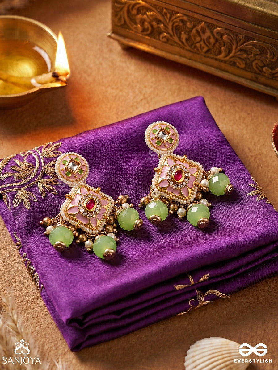 Madhuvrata - Sweet As Spring Bloom - Graceful Pink Enamelled Earrings With Kundan Green Beads And Pearl Drops