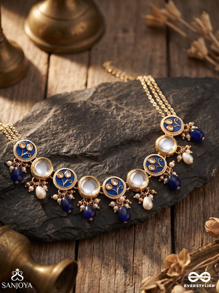 Shitala - Cool And Calm- Kundan, Blue Stones, And Pearls Handmade Necklace