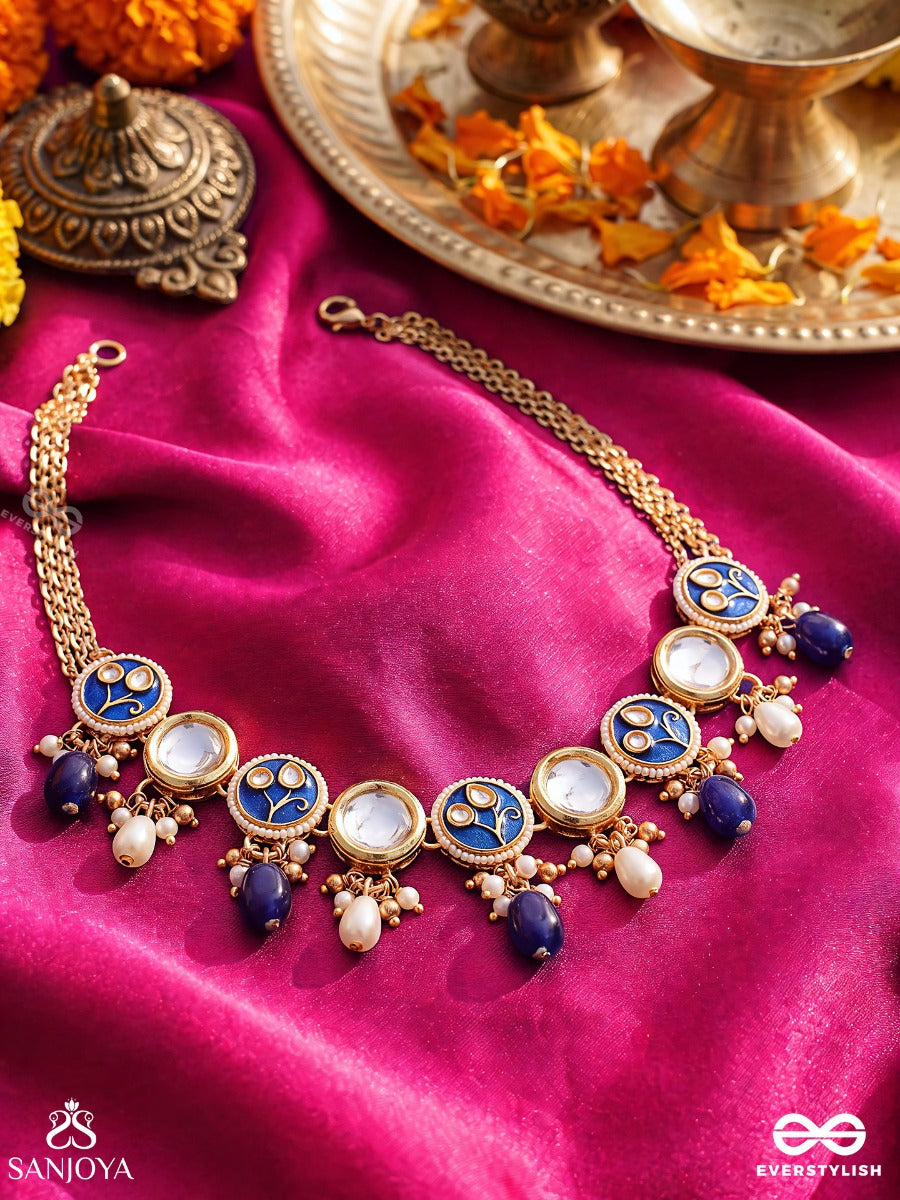 Shitala - Cool And Calm- Kundan, Blue Stones, And Pearls Handmade Necklace