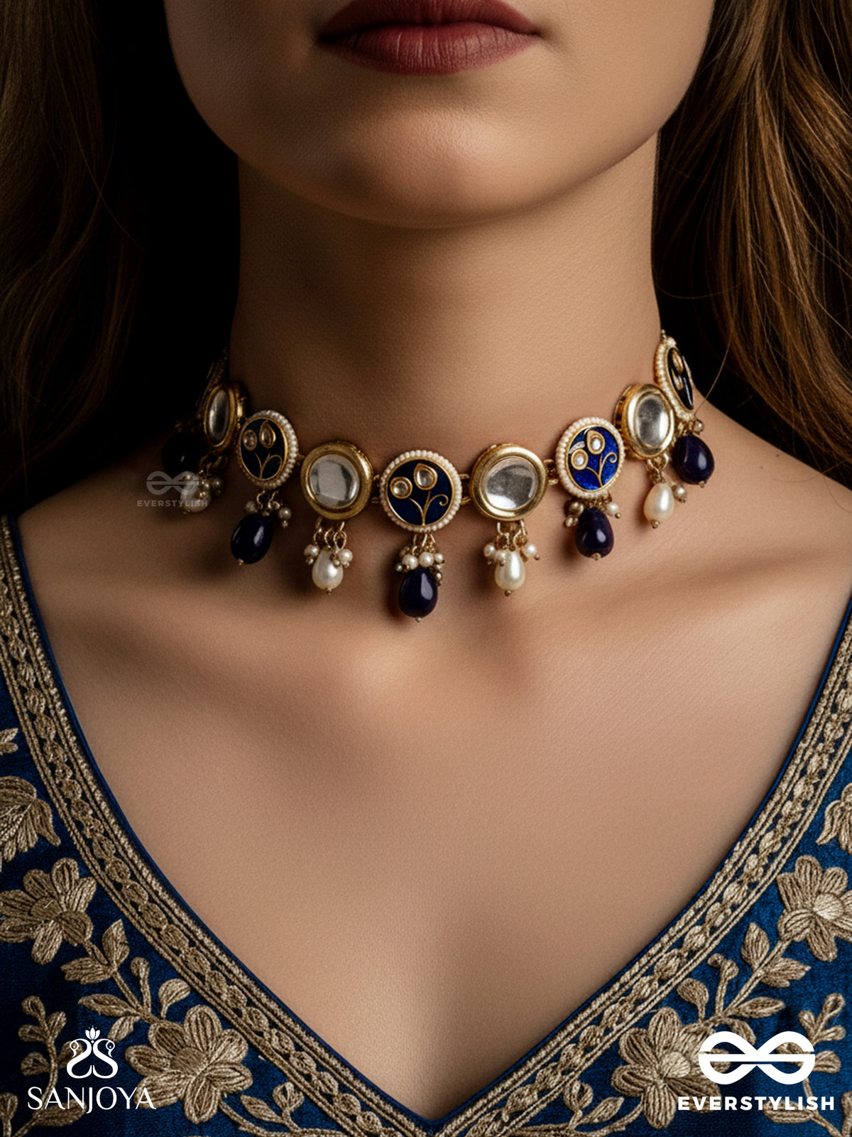 Shitala - Cool And Calm- Kundan, Blue Stones, And Pearls Handmade Necklace