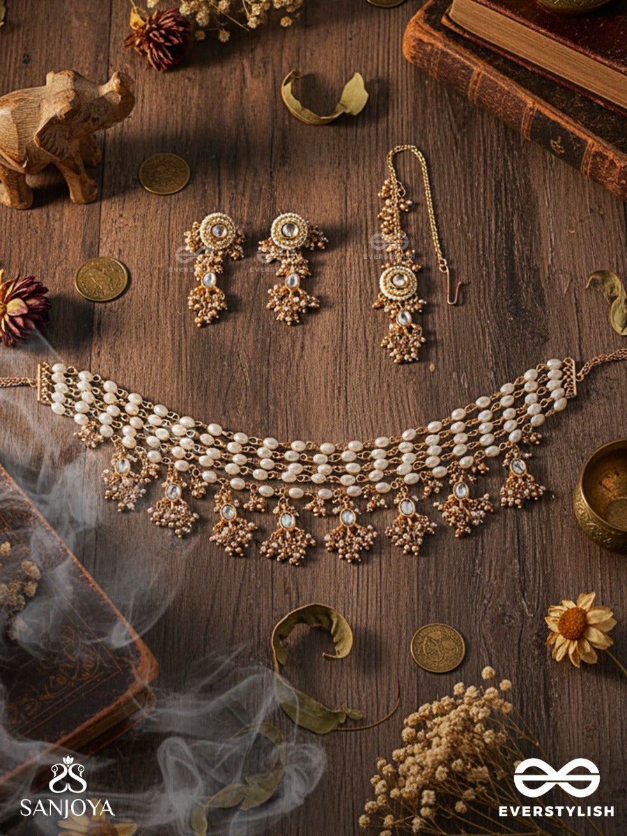 Hiranya - Golden Grace - Handmade Kundan Set With Necklace, Earrings And Maangtika