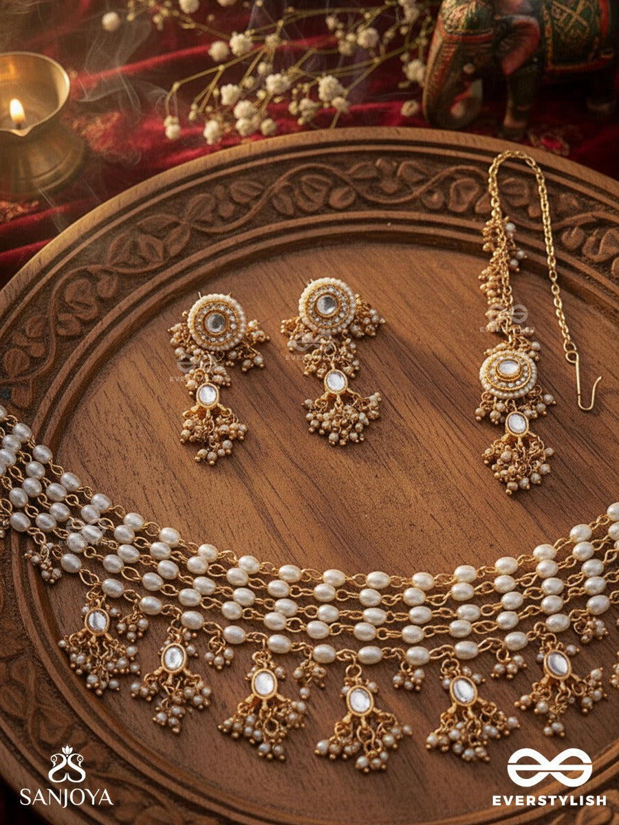 Hiranya - Golden Grace - Handmade Kundan Set With Necklace, Earrings And Maangtika