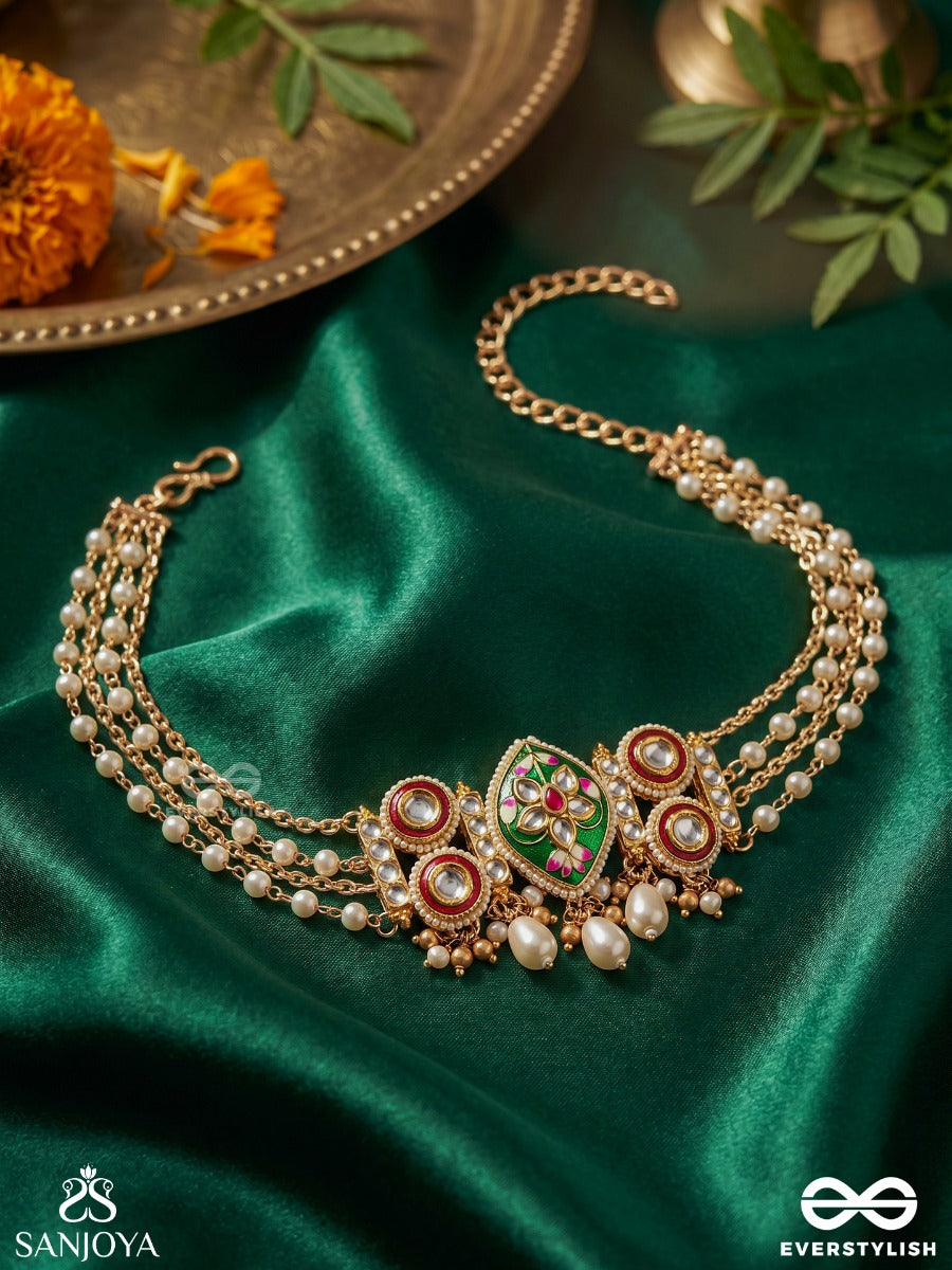 Harinakshi - Doe-Eyed Beauty - Graceful Handcrafted Kundan Choker With Polki Accents And Pearl Details