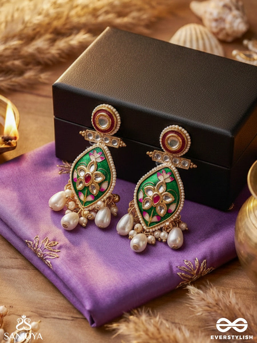 Harinakshi - Doe-Eyed Beauty - Graceful Handcrafted Kundan Earrings With Polki Accents And Pearl Details