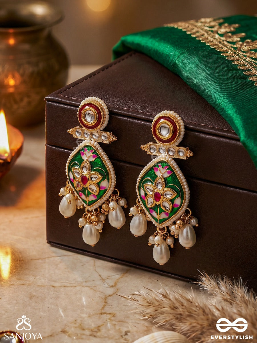 Harinakshi - Doe-Eyed Beauty - Graceful Handcrafted Kundan Earrings With Polki Accents And Pearl Details