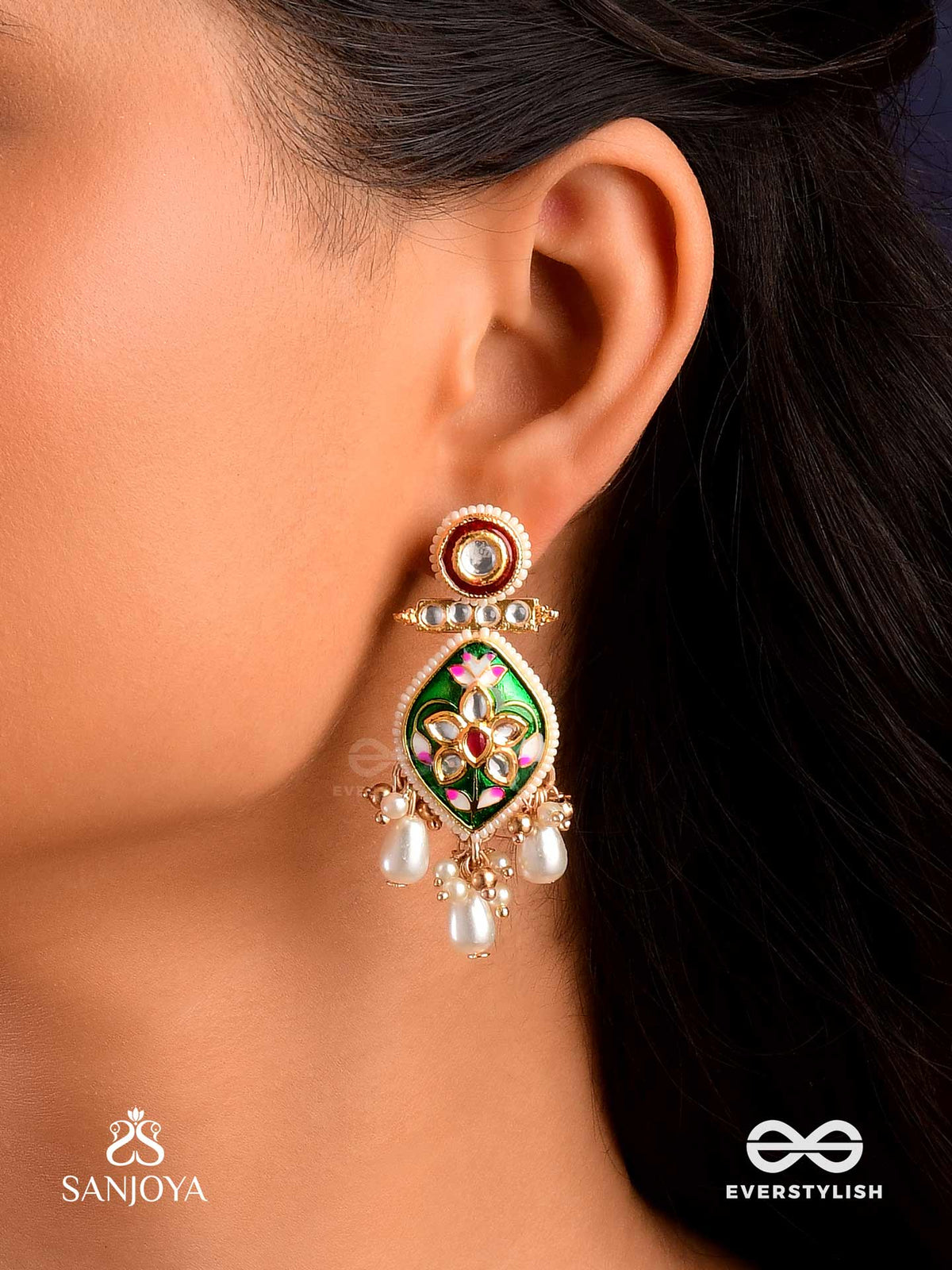 Harinakshi - Doe-Eyed Beauty - Graceful Handcrafted Kundan Earrings With Polki Accents And Pearl Details
