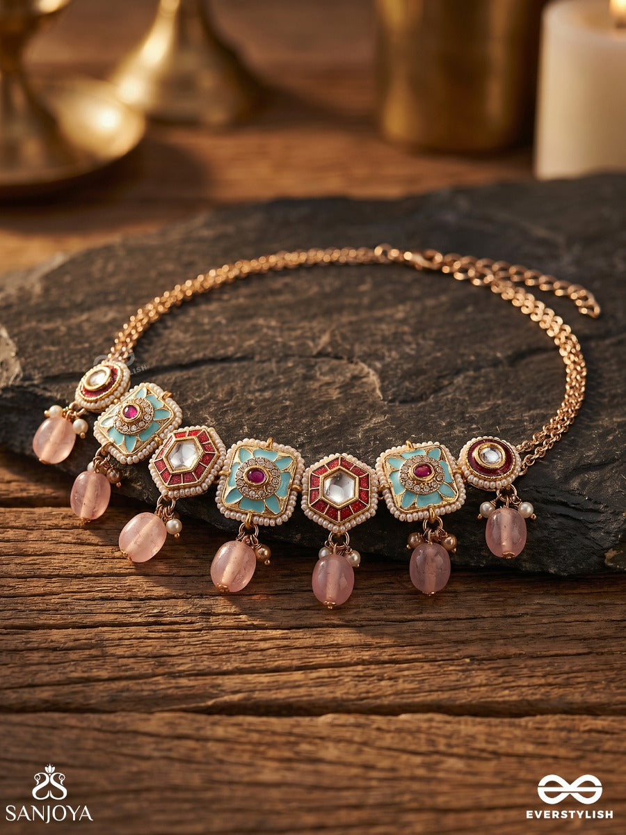 Pushpakshi - Blossoming Beauty - Delicate Kundan Multi-Toned Enamel Choker With Dainty Gemstone Drops