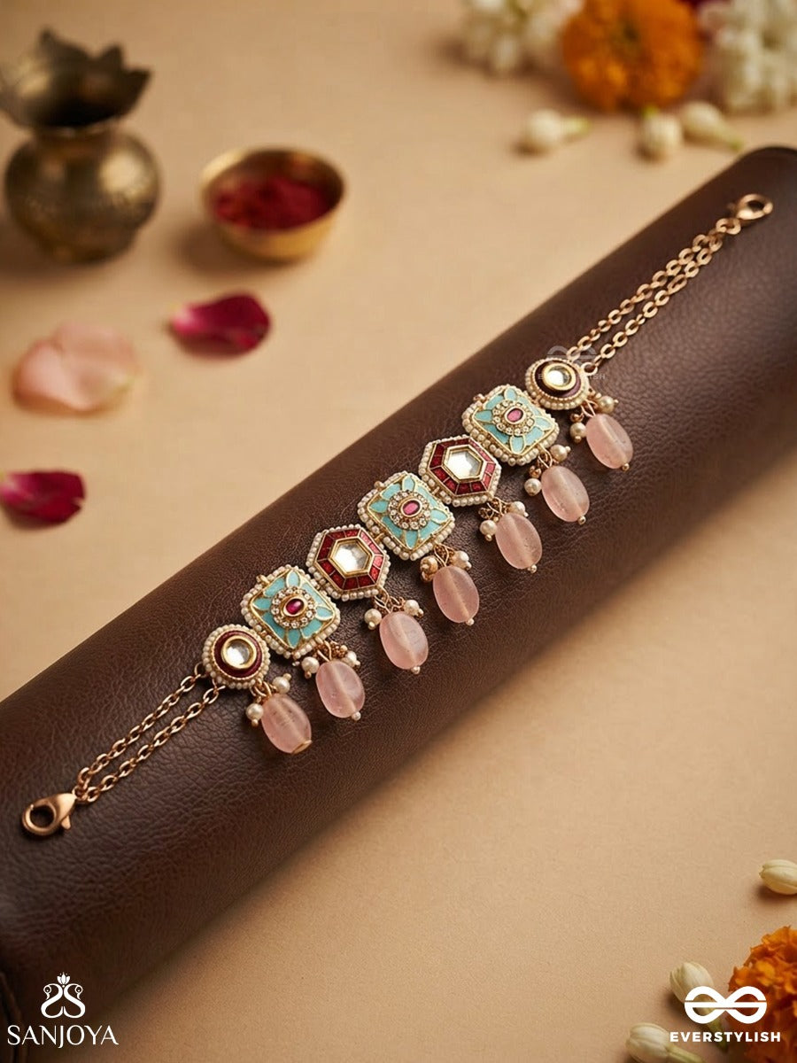 Pushpakshi - Blossoming Beauty - Delicate Kundan Multi-Toned Enamel Choker With Dainty Gemstone Drops