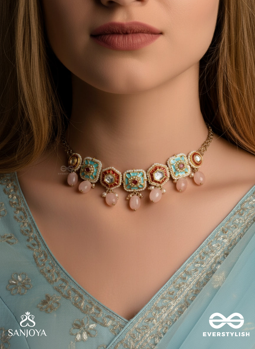 Pushpakshi - Blossoming Beauty - Delicate Kundan Multi-Toned Enamel Choker With Dainty Gemstone Drops