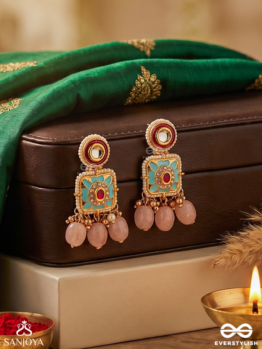 Pushpakshi - Blossoming Beauty - Delicate Kundan Multi-Toned Enamel Earrings With Dainty Gemstone Drops