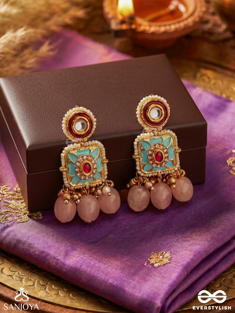 Pushpakshi - Blossoming Beauty - Delicate Kundan Multi-Toned Enamel Earrings With Dainty Gemstone Drops