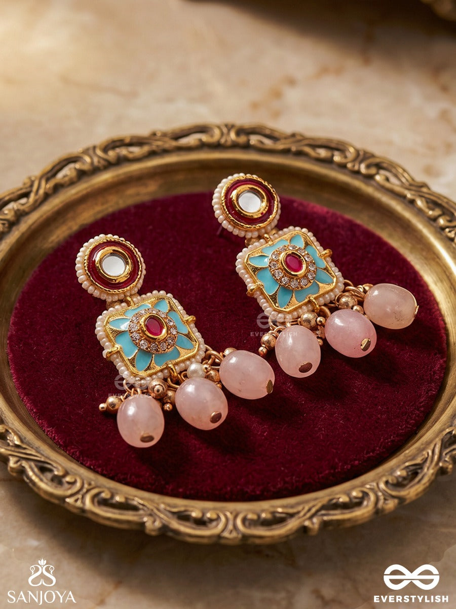 Pushpakshi - Blossoming Beauty - Delicate Kundan Multi-Toned Enamel Earrings With Dainty Gemstone Drops