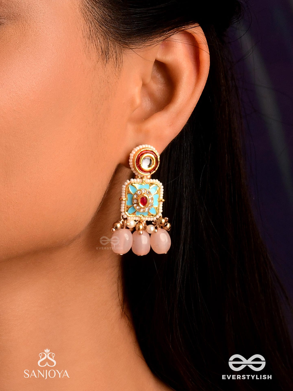 Pushpakshi - Blossoming Beauty - Delicate Kundan Multi-Toned Enamel Earrings With Dainty Gemstone Drops