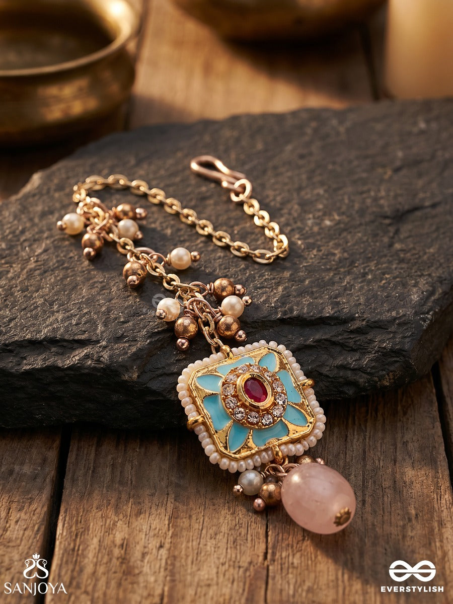 Pushpakshi - Blossoming Beauty - Delicate Kundan Multi-Toned Enamel Maangtika With Dainty Gemstone Drops