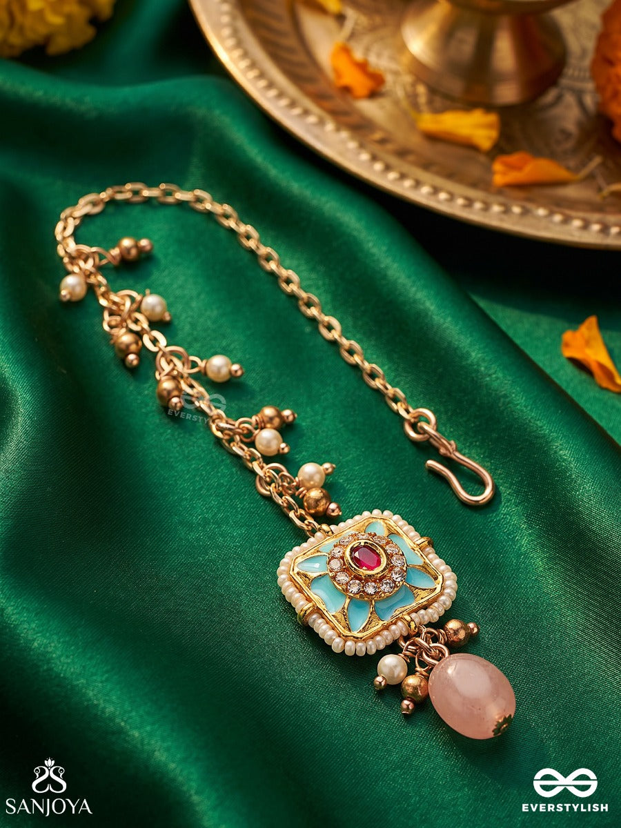Pushpakshi - Blossoming Beauty - Delicate Kundan Multi-Toned Enamel Maangtika With Dainty Gemstone Drops