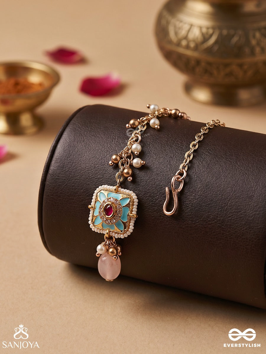 Pushpakshi - Blossoming Beauty - Delicate Kundan Multi-Toned Enamel Maangtika With Dainty Gemstone Drops