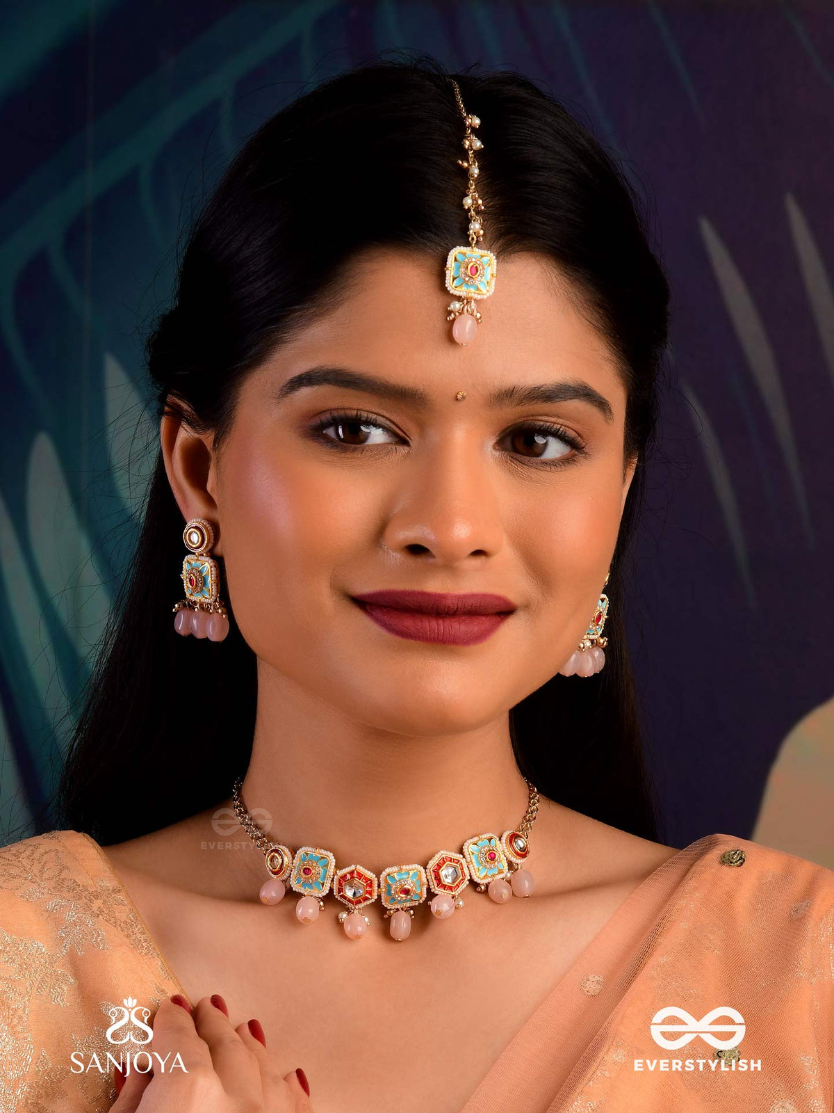 Pushpakshi - Blossoming Beauty - Delicate Kundan Multi-Toned Enamel Maangtika With Dainty Gemstone Drops