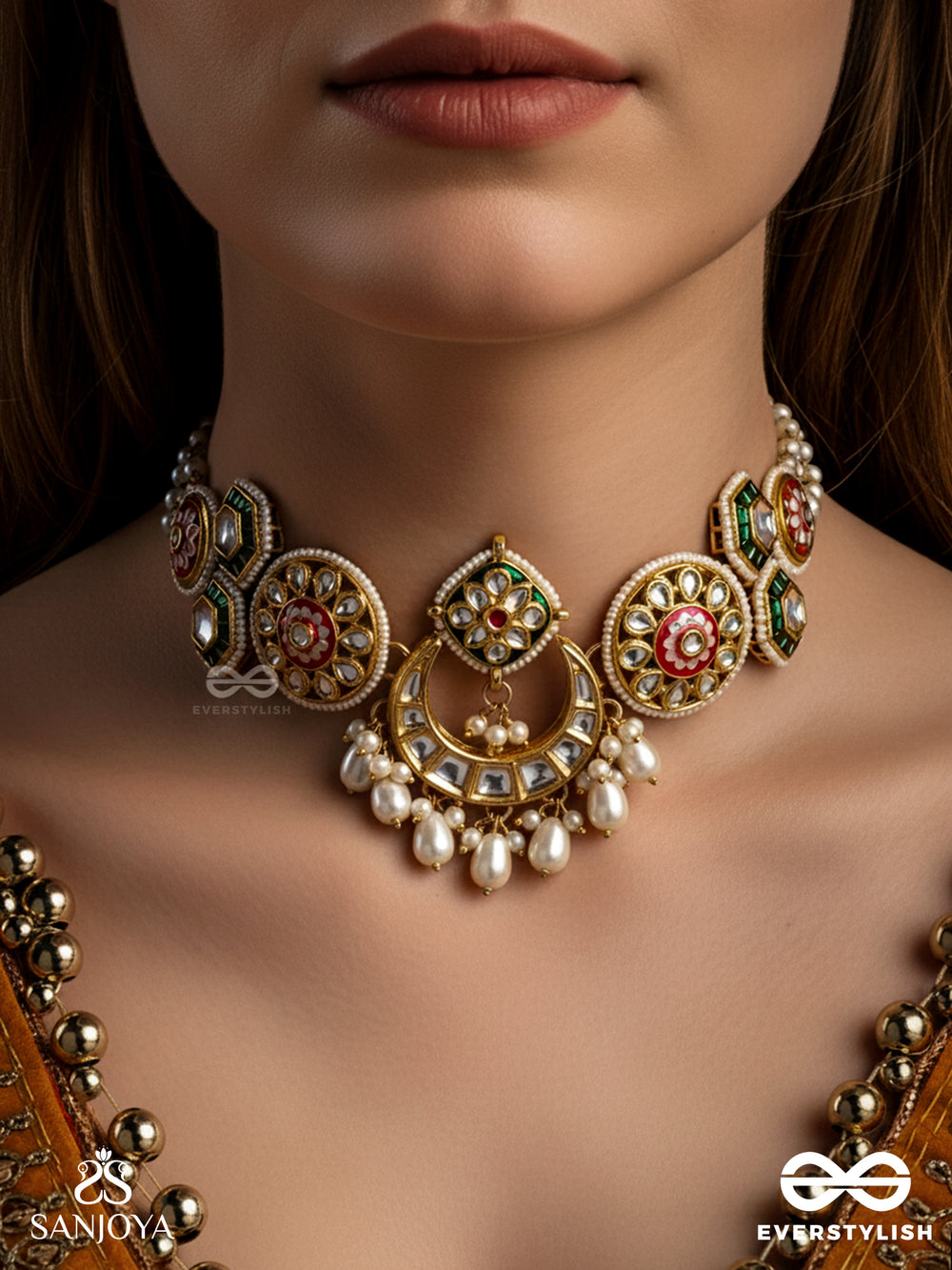 Vibhavati - Adorned With Richness - Exquisite Kundan Choker With Enamelled Polki Design, Pearls And Gemstones