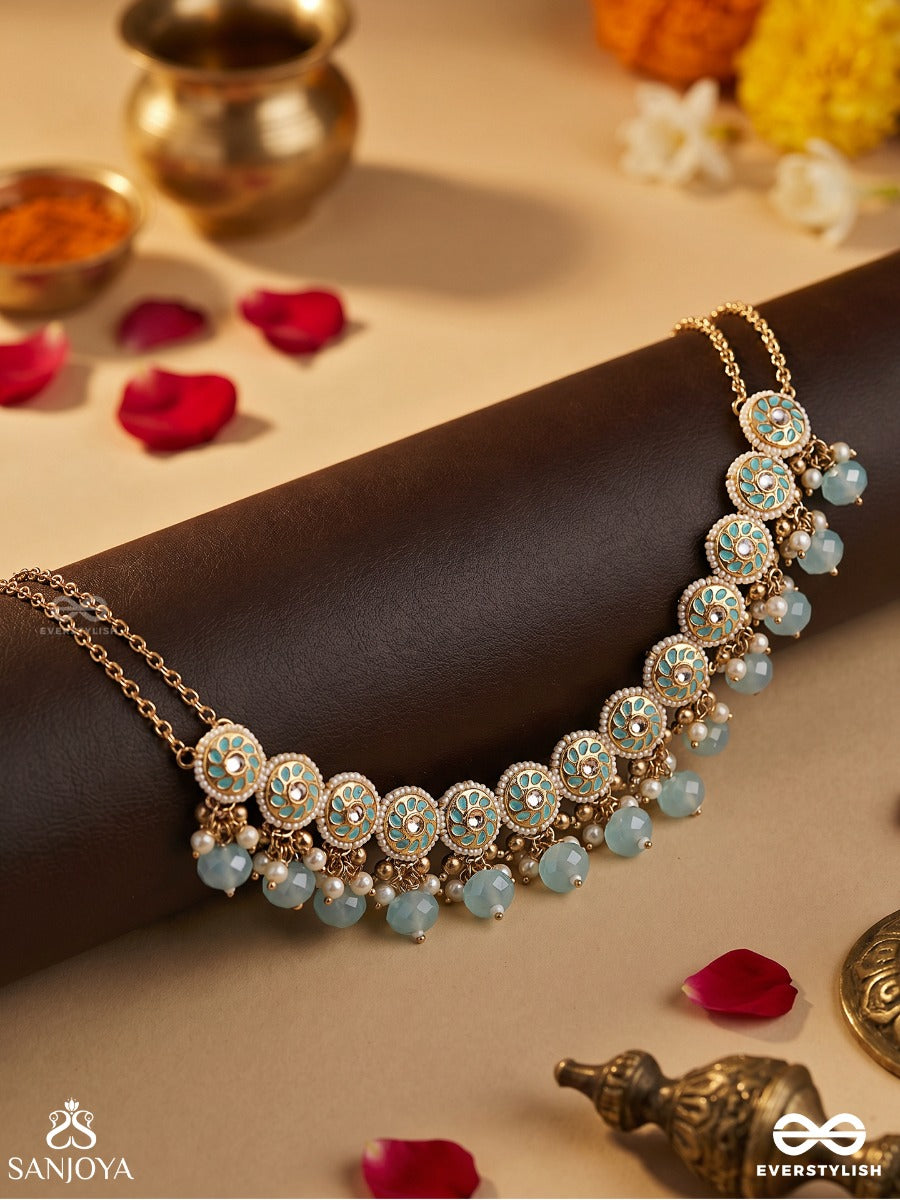 Varunika - Goddess Of Water - Graceful Blue Enamel Kundan Choker With Lustrous Drops