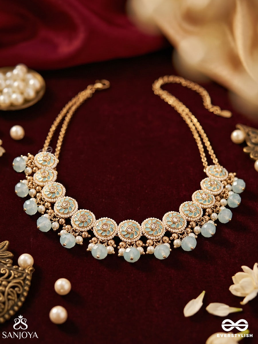 Varunika - Goddess Of Water - Graceful Blue Enamel Kundan Choker With Lustrous Drops
