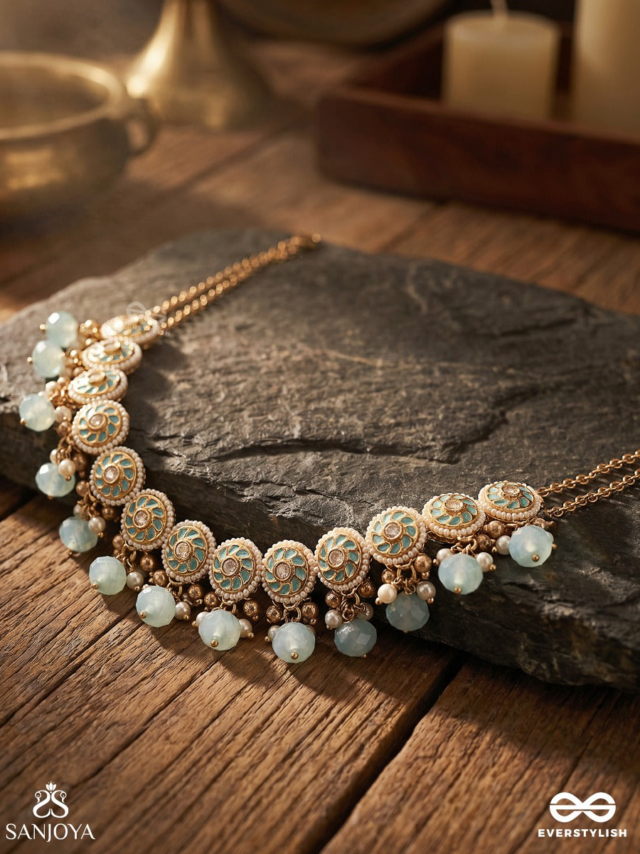 Varunika - Goddess Of Water - Graceful Blue Enamel Kundan Choker With Lustrous Drops