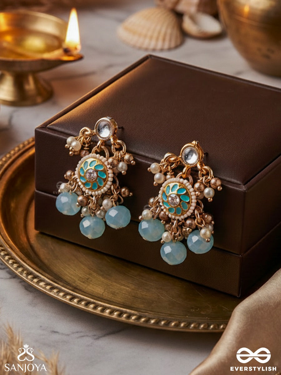 Varunika - Goddess Of Water - Graceful Blue Enamel Kundan Earrings With Lustrous Drops