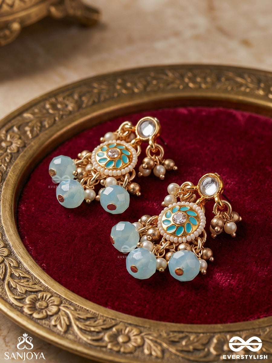 Varunika - Goddess Of Water - Graceful Blue Enamel Kundan Earrings With Lustrous Drops