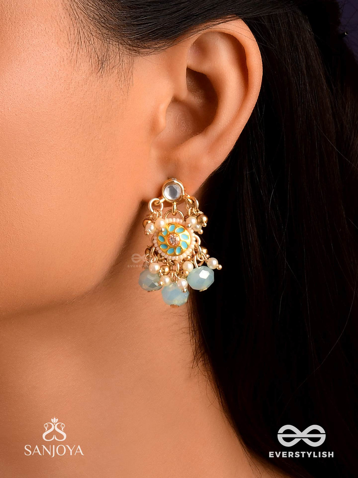 Varunika - Goddess Of Water - Graceful Blue Enamel Kundan Earrings With Lustrous Drops