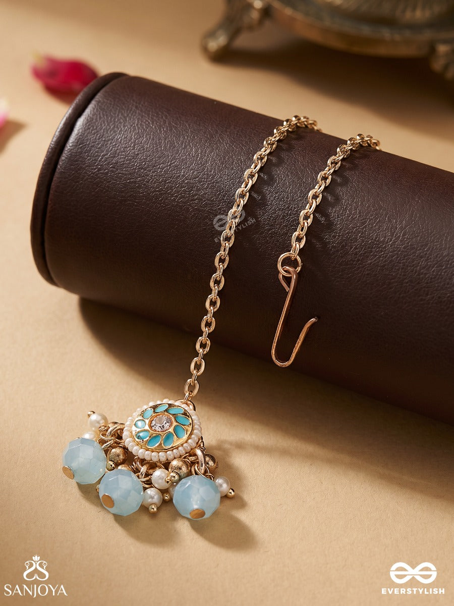 Varunika - Goddess Of Water - Graceful Blue Enamel Kundan Maangtika With Lustrous Drops
