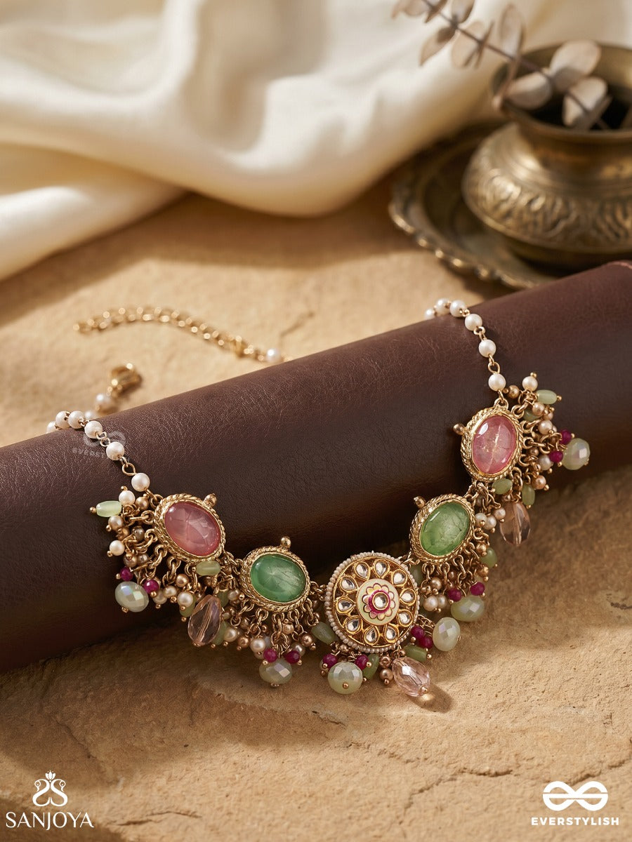 Haritrina - Green And Pink Beauty - Ornate Kundan Choker With Floral Motifs And Sparkling Drops