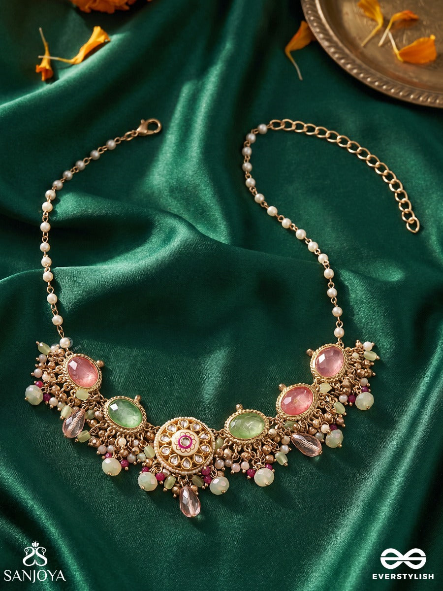 Haritrina - Green And Pink Beauty - Ornate Kundan Choker With Floral Motifs And Sparkling Drops