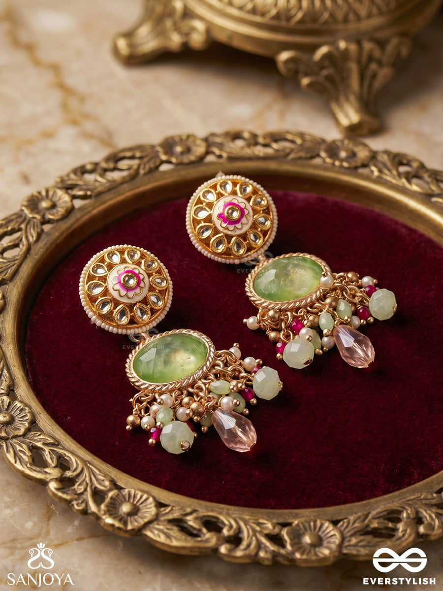 Haritrina - Green And Pink Beauty - Ornate Kundan Earrings With Floral Motifs And Sparkling Drops