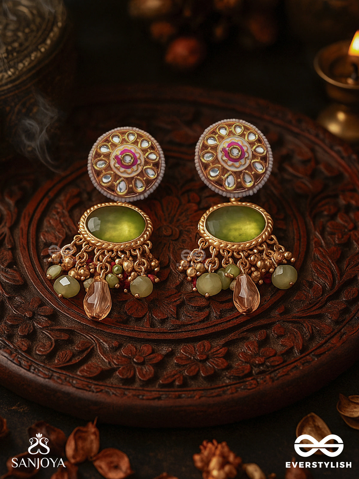 Haritrina - Green And Pink Beauty - Ornate Kundan Earrings With Floral Motifs And Sparkling Drops