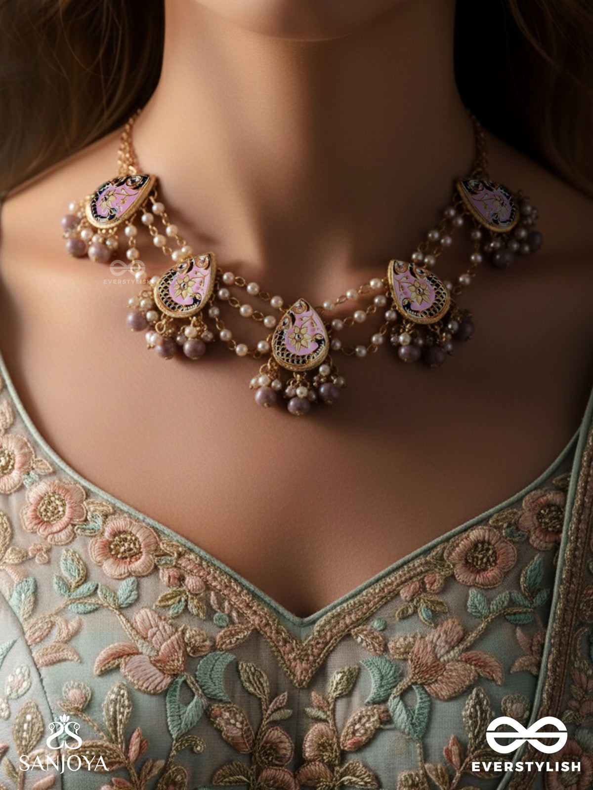 Chitramani - Jewelled Art - Handcrafted Kundan Necklace With Detailed Enamel Work And Soft Gem Drops