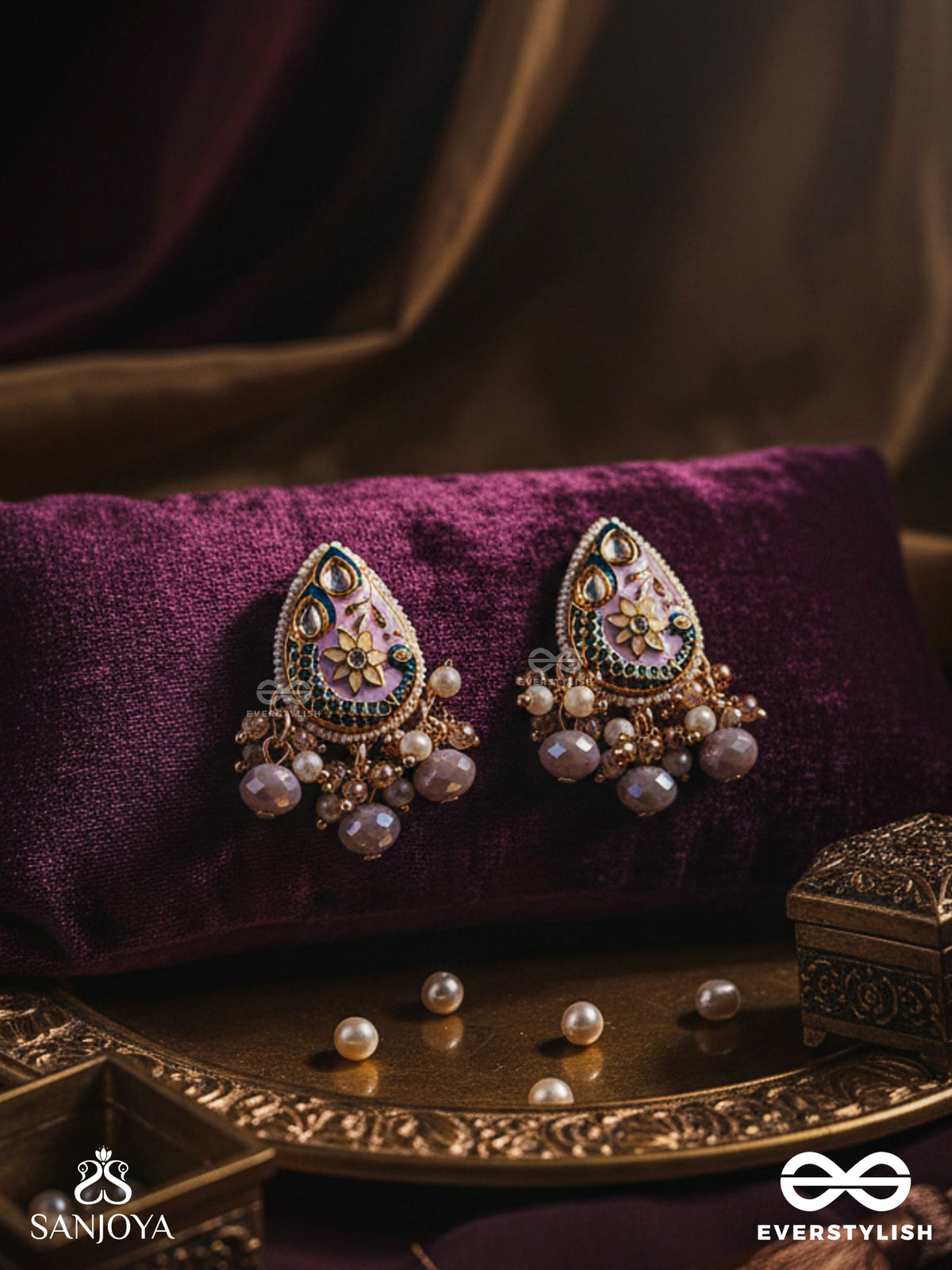 Chitramani - Jewelled Art - Handcrafted Kundan Earrings With Detailed Enamel Work And Soft Gem Drops