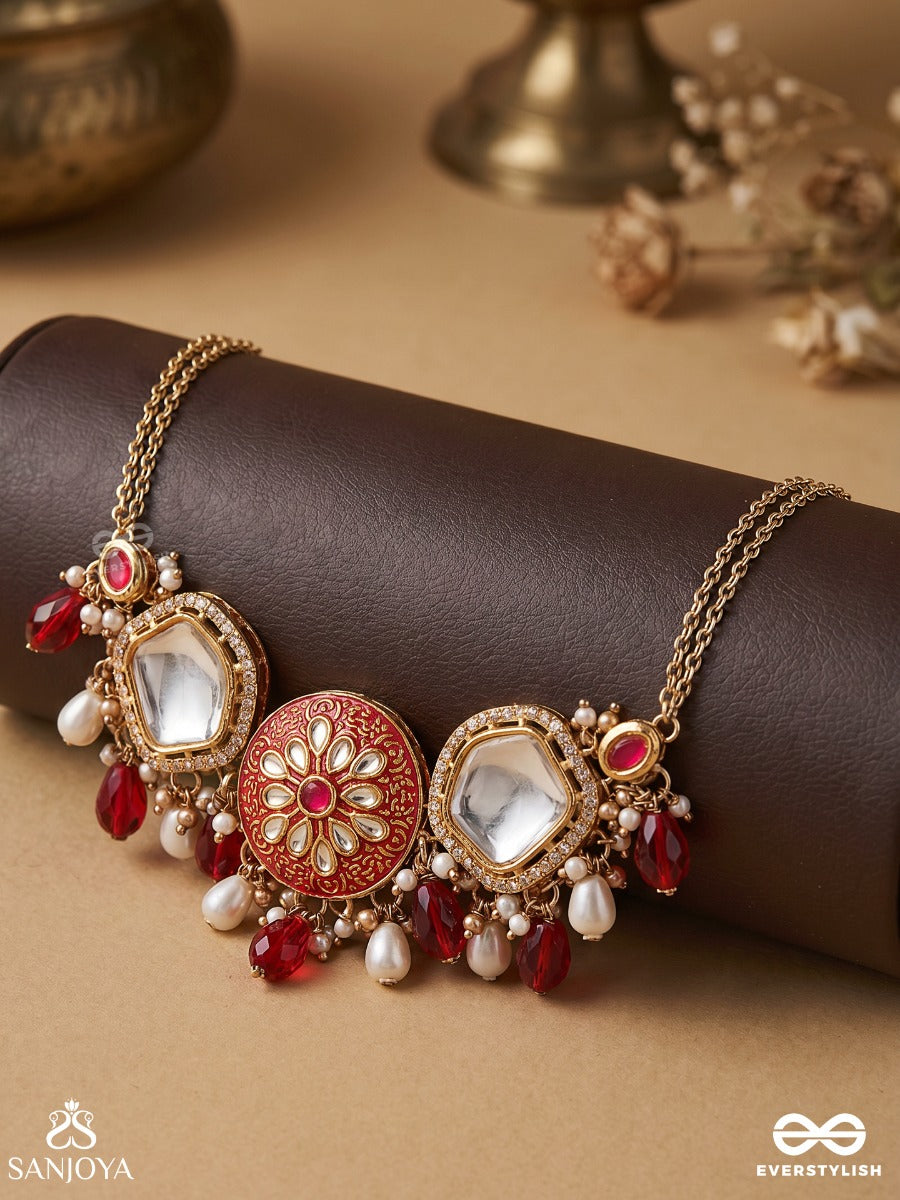 Agnita - Fiery Beauty - Intricate Kundan Red Polki Choker With Dazzling Mirror Accents, Pearls And Gem Fringes