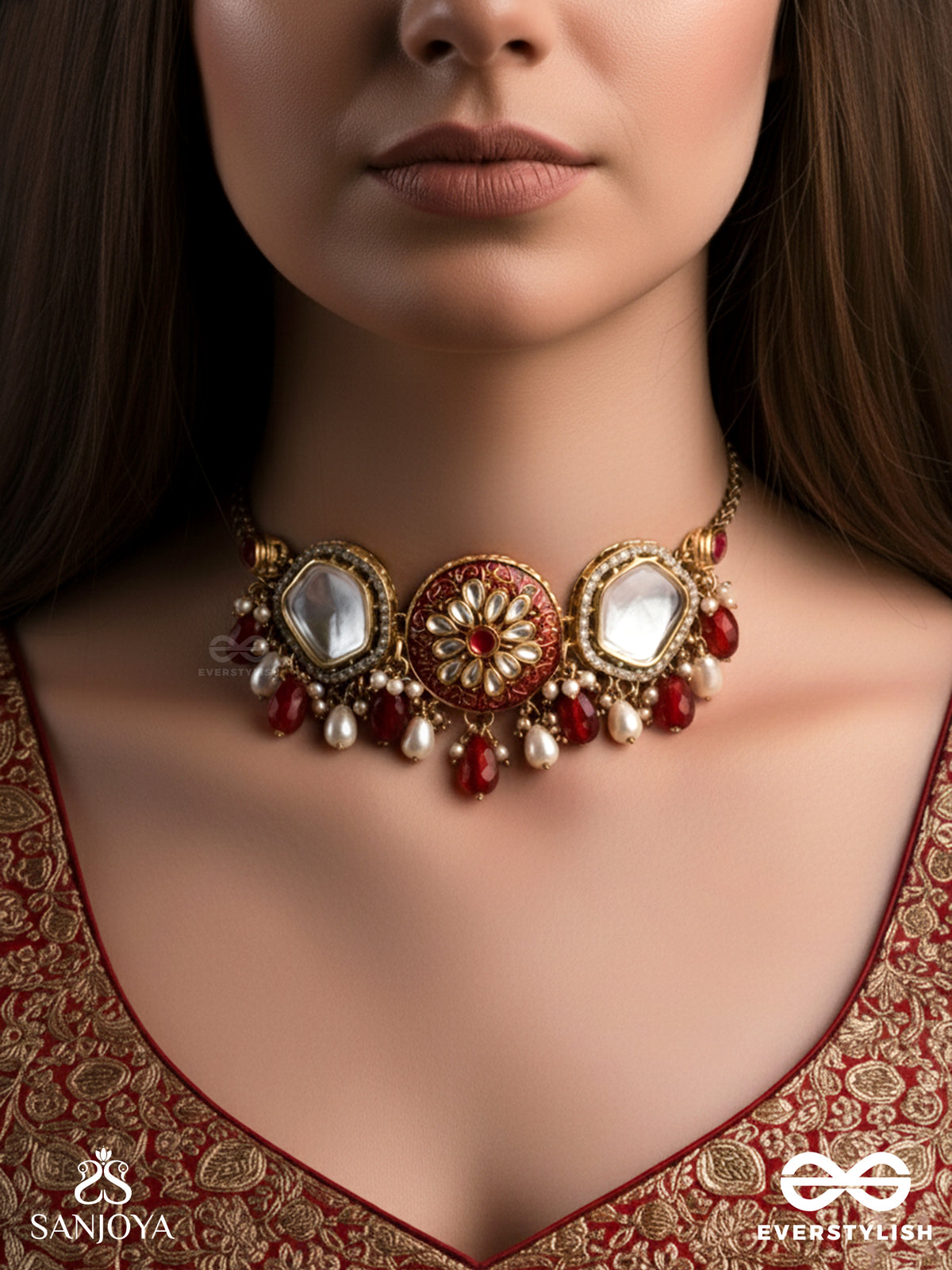 Agnita - Fiery Beauty - Intricate Kundan Red Polki Choker With Dazzling Mirror Accents, Pearls And Gem Fringes