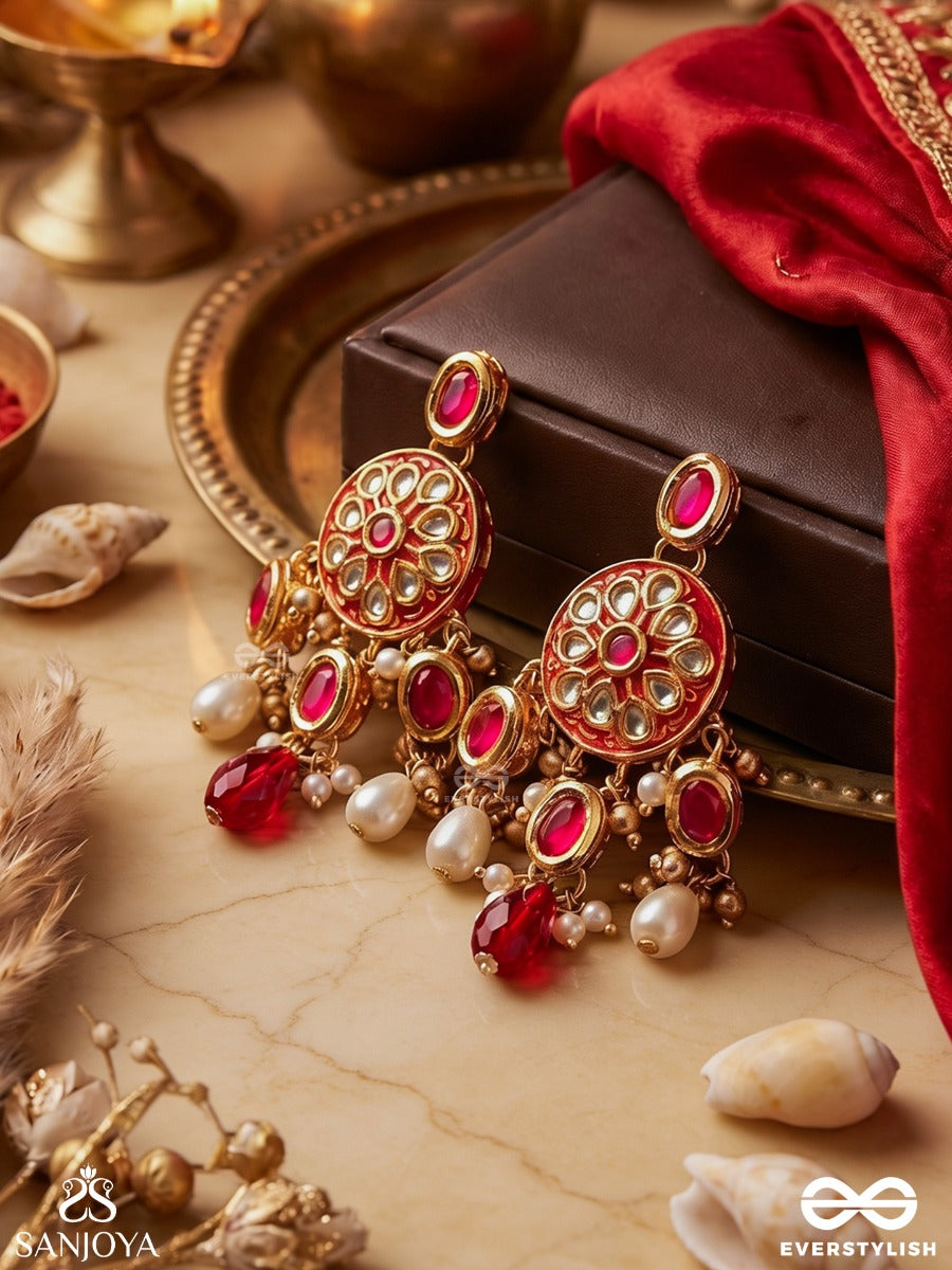 Agnita - Fiery Beauty - Intricate Kundan Red Polki Earrings With Pearls And Gem Fringes