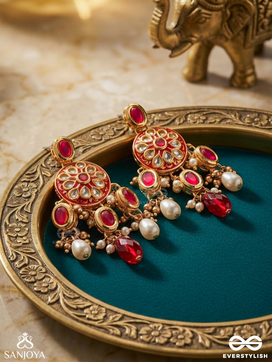 Agnita - Fiery Beauty - Intricate Kundan Red Polki Earrings With Pearls And Gem Fringes