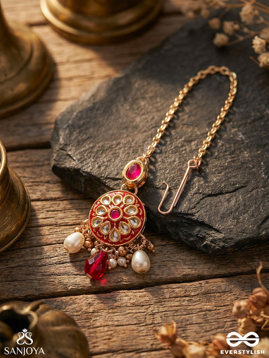 Agnita - Fiery Beauty - Intricate Kundan Red Polki Maangtika With Pearls And Gem Fringes
