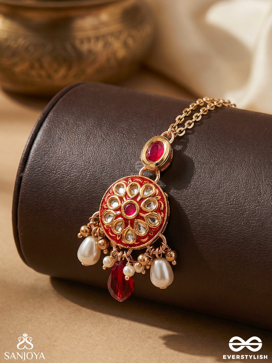 Agnita - Fiery Beauty - Intricate Kundan Red Polki Maangtika With Pearls And Gem Fringes